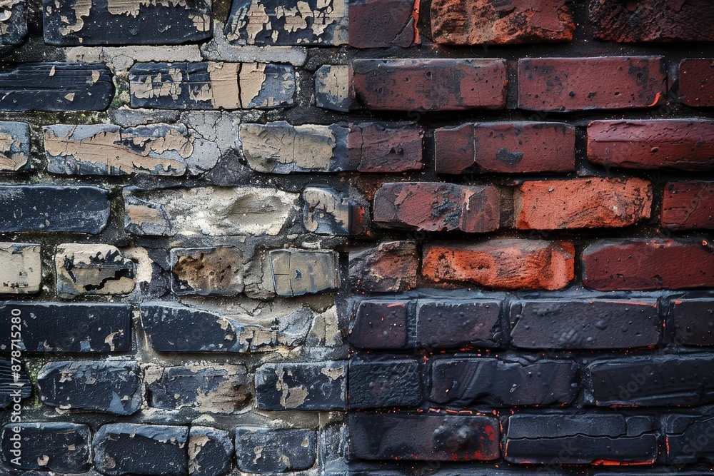 Poster a brick wall constructed with two distinct colored bricks, creating a visual contrast, combining dif