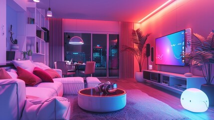 A living room with a virtual reality entertainment system and smart furniture