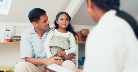 Daughter, father and consultation with doctor, woman and happy for results, checklist and listen in...