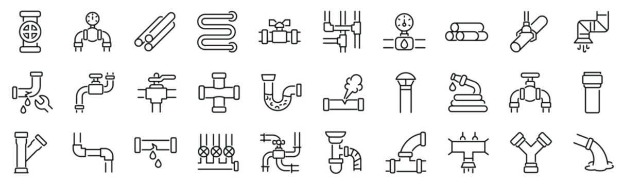Set of 30 outline icons related to pipeline. Linear icon collection. Editable stroke. Vector illustration