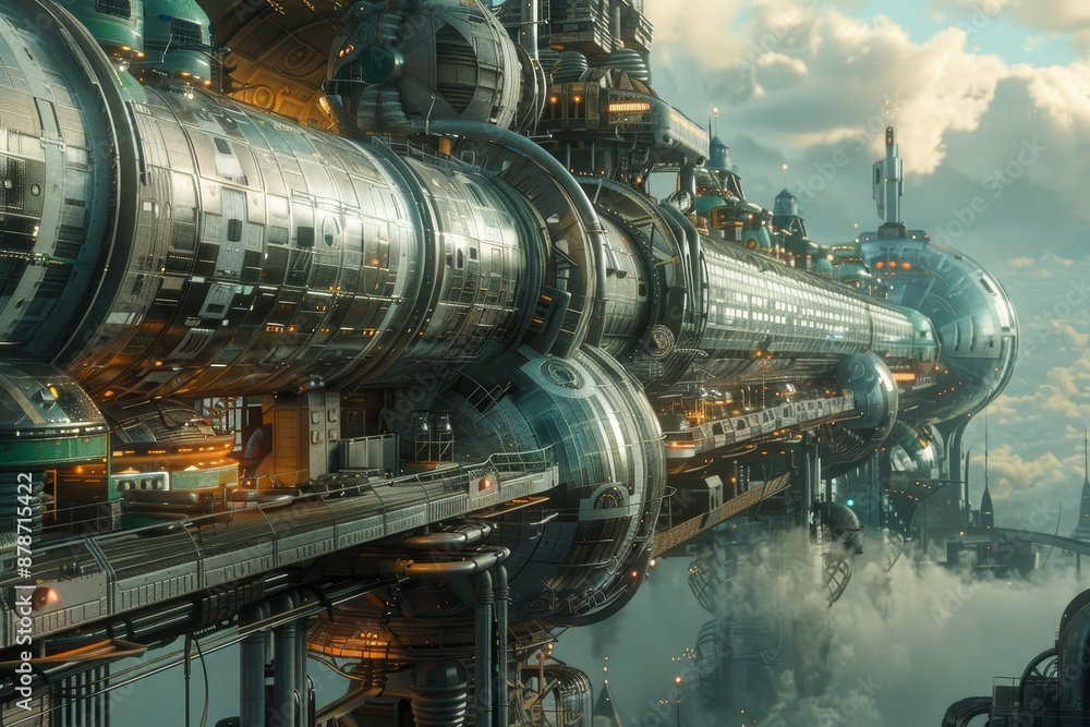 Poster a futuristic cityscape featuring a complex network of interconnected pipes and structures, combining