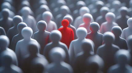 Fototapeta premium Red figure distinct among white crowd, representing the concept of finding the right person in HR, business strategy, and organizational psychology