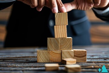 Individual placing a wooden block into a pyramid structure, Combining strengths and skills to maximize effectiveness