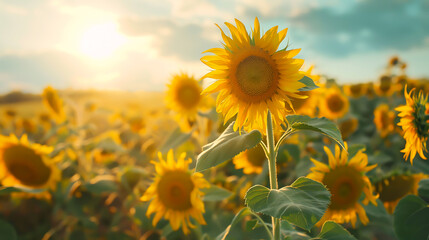Fototapeta premium Field of sunflowers, Beautiful sunflower field in the countryside on sunny day