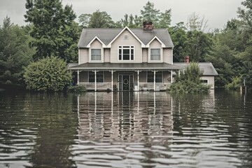 Obraz premium a house flooded by a severe storm or flash flood, with water levels reaching the windows or even higher