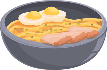 Delicious bowl of ramen noodles is being served with eggs and meat