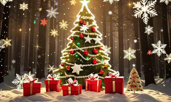 Illuminated christmas trees with red and golden garlands into a forest with snowy flakes with shape of stars close to xmas gifts in red boxes