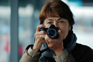 Middle-aged woman taking a photo with a camera