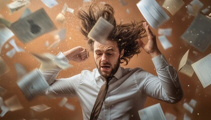 Fototapeta premium A distressed man in a brown suit holds his head as documents fly around him, representing a moment of intense frustration and chaos in a professional setting.