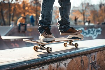 A skateboarder grinding along a rail in an urban skate park