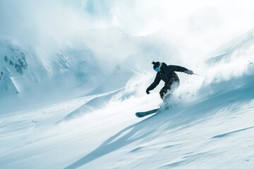 A snowboarder carving through fresh powder on a snowy slope