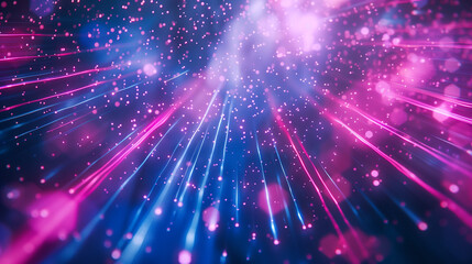 Fototapeta premium Abstract background with glowing light rays, flare particles, and bokeh lights. Dark neon glow against a night sky backdrop. Flat top view scene