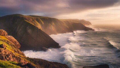 Obraz premium Nature's Edge: Scenic Coastal Cliffs Against the Roaring Sea and a Light Ocean Breeze. Generative AI