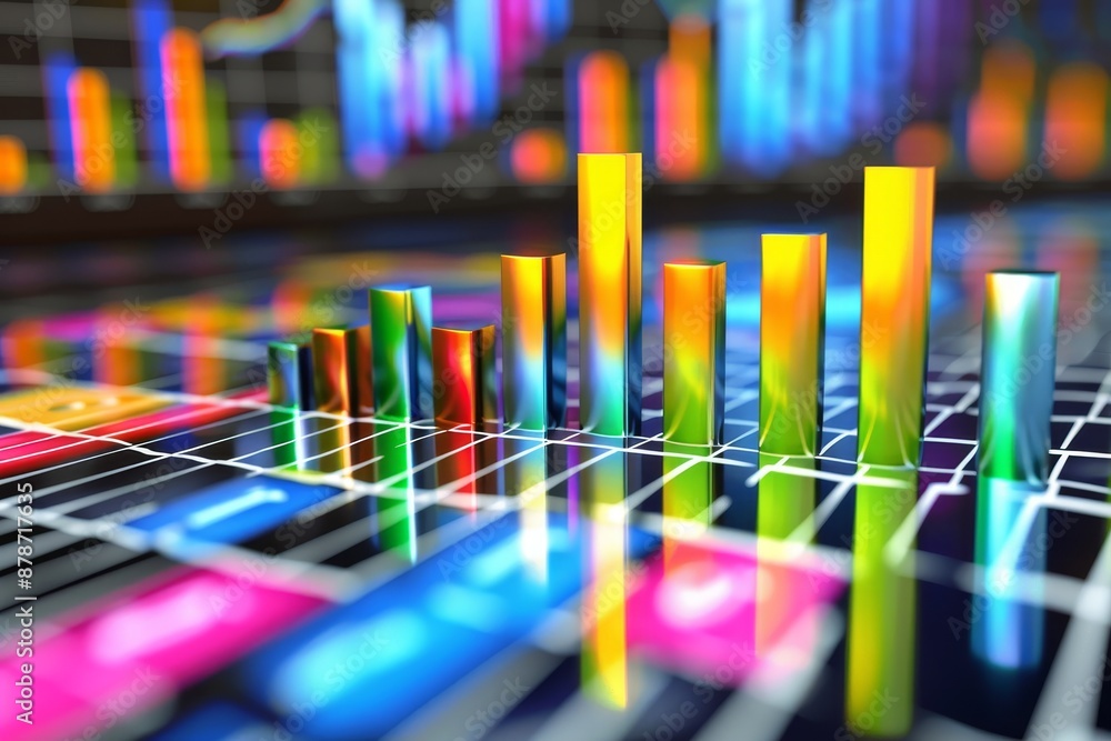 Poster close up view of a vibrant bar chart displayed on a laptop screen, compare and contrast key performa
