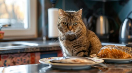 Funny overweight cat sitting on a kitchen counter next to a half-eaten plate of fish.