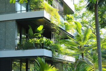 A building view with green jungle in balconies,with plant and palms, luxurious nature green touch in the city lifestyle