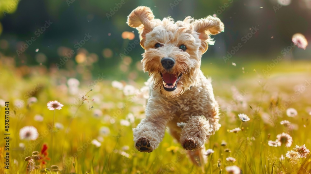 Poster Happy dog running through a flower field, ears flapping in the wind and a joyful expression on its face.