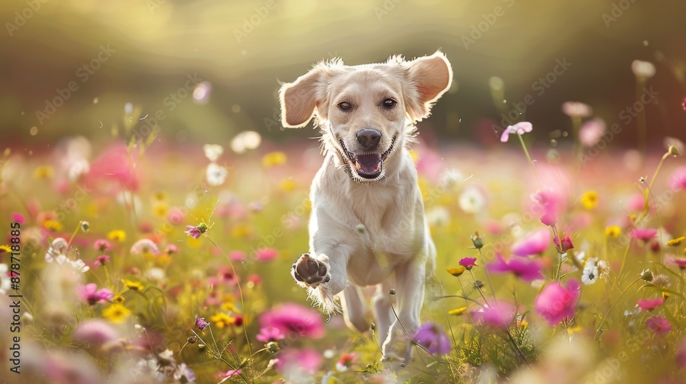 Poster Happy dog running through a flower field, ears flapping in the wind and a joyful expression on its face.