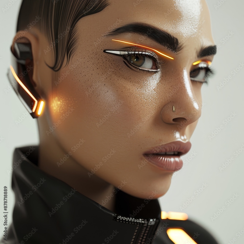 Poster a detailed view of a person with a futuristic appearance, conceptualize a high-tech, cutting-edge br