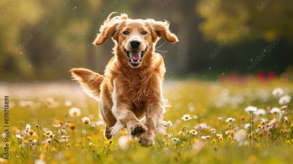 Poster Happy dog running through a flower field, ears flapping in the wind and a joyful expression on its face.