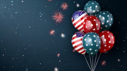 Fototapeta premium Happy Labor Day Sale horizontal banner with colorful helium balloons in American flag colors and stars pattern celebrating USA festive design copy space patriotic theme vibrant dou