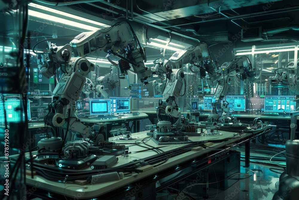 Poster a room packed with an array of machines and equipment for scientific research and experimentation, c