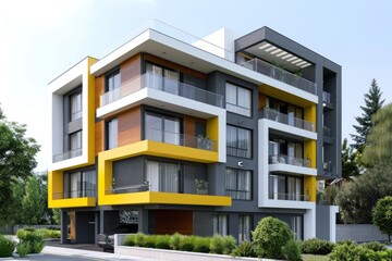 A contemporary apartment building with a sleek and modern design. The color palette is dominated