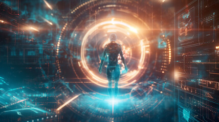 Obraz premium A cyborg is surrounded by advanced technology in a neonlit cyberspace, immersed in a vibrant digital realm, depicting a futuristic scene with glowing lights and holographic interfaces