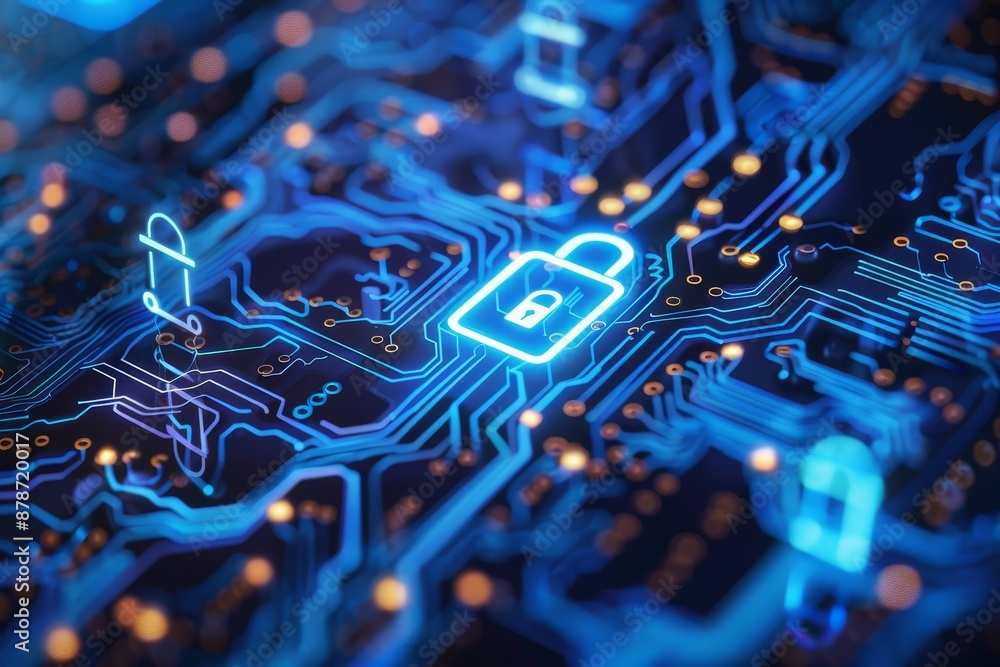 Poster a circuit board featuring a padlock symbolizing data security and protection against unauthorized ac