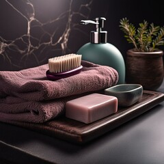 A bathroom sink with a toothbrush, toothpaste, soap, and a towel.