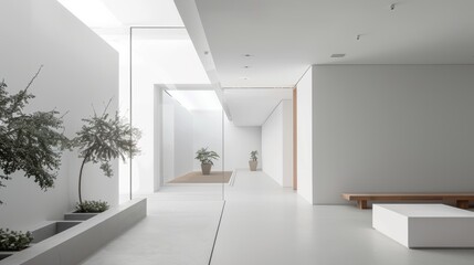 Obraz premium Modern white interior with glass walls and plants