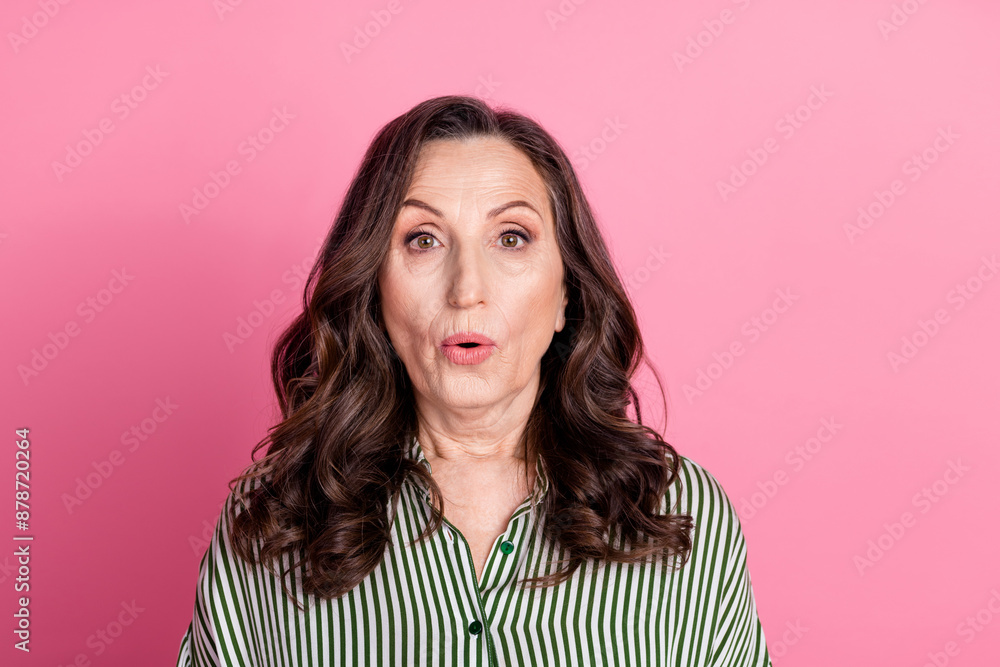 Sticker photo of nice aged lady stare empty space wear striped shirt isolated on pink color background