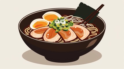 Japanese ramen bowl with noodles, sliced pork belly, soft-boiled egg, and nori seaweed.