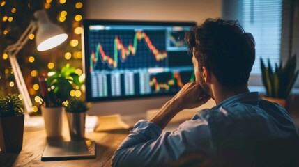 Investor studying stock market performance charts and graphs in a home office.
