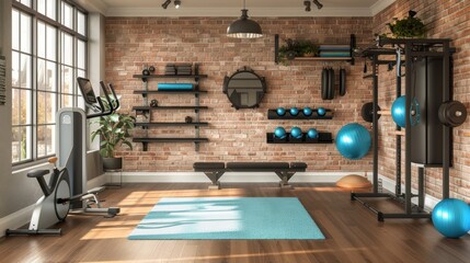 Modern home gym with exercise equipment and large window