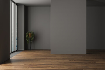 Modern contemporary loft empty room with gray tones wall. The Room has , parquet floor, plant, window.