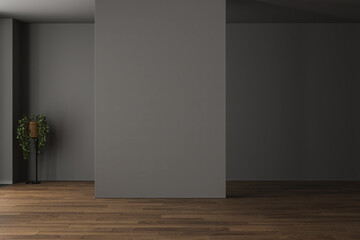 Modern contemporary loft empty room with gray tones wall. The Room has , parquet floor, plant, window.