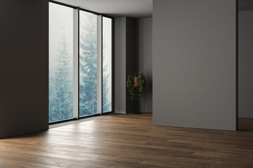 Obraz premium Modern contemporary loft empty room with gray tones wall. The Room has , parquet floor, plant, window. 