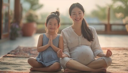 A smiling pregnant woman and her young daughter meditate on an outdoor rug, emphasizing relaxation and family bonding as they engage in yoga and mindfulness.