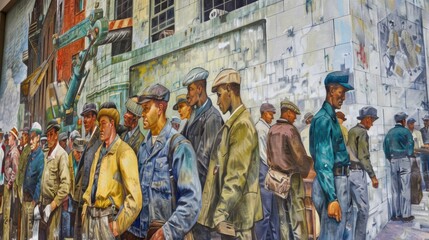 A mural depicting a line of men in front of a building in philadelphia