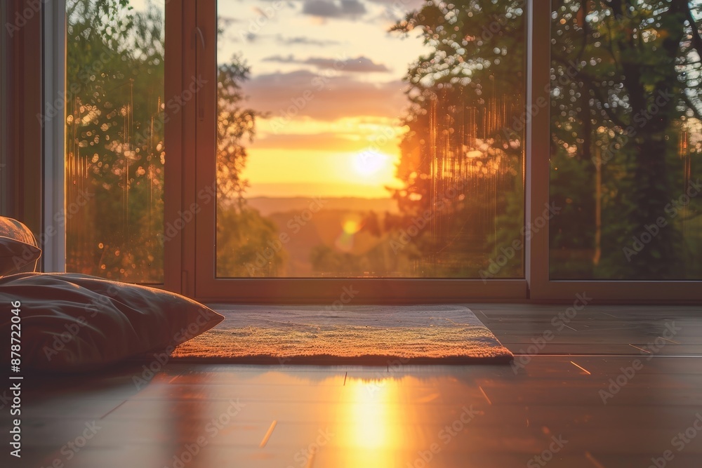 Poster sunlit room with large window and rug, consider the use of passive heating and cooling strategies to