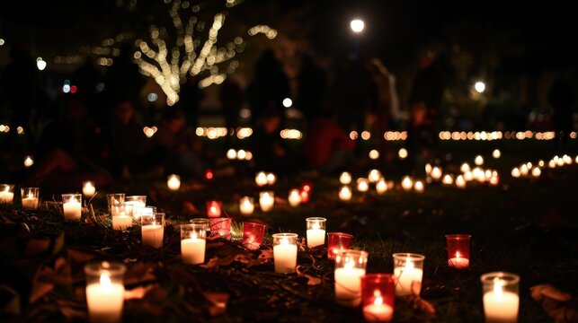 A field of candles lit at night during a gathering