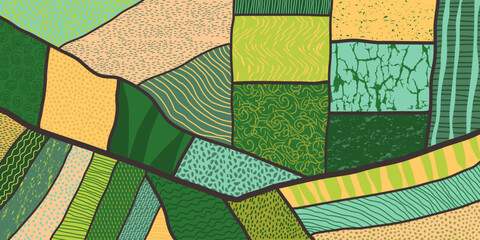 Agriculture field pattern, aerial view. Countryside grassland, farm land from top. Geometric farmland patches, padded mosaic country background, natural patchwork texture. Flat vector illustration © Lidiia Shapoval
