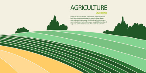 Abstract agriculture field or farm card banner with copy space. Countryside landscape, eco horizontal panorama template. Green nature organic background