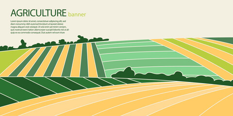Abstract agriculture field or farm card banner with copy space. Countryside landscape, eco horizontal panorama template. Green nature organic background © Lidiia Shapoval