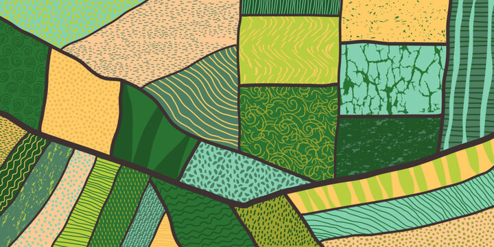 Agriculture field pattern, aerial view. Countryside grassland, farm land from top. Geometric farmland patches, padded mosaic country background, natural patchwork texture. Flat vector illustration