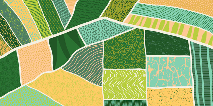 Agriculture field pattern, aerial view. Countryside grassland, farm land from top. Geometric farmland patches, padded mosaic country background, natural patchwork texture. Flat vector illustration