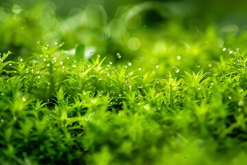A macro shot of vibrant green moss with tiny water droplets