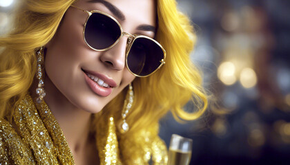 Frau mit Sonnenbrille und gelben Haaren.