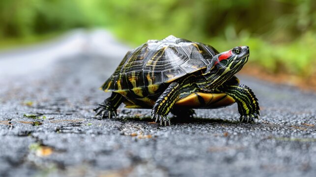 Red-eared slider turtle crossing a wet forest road in the daytime